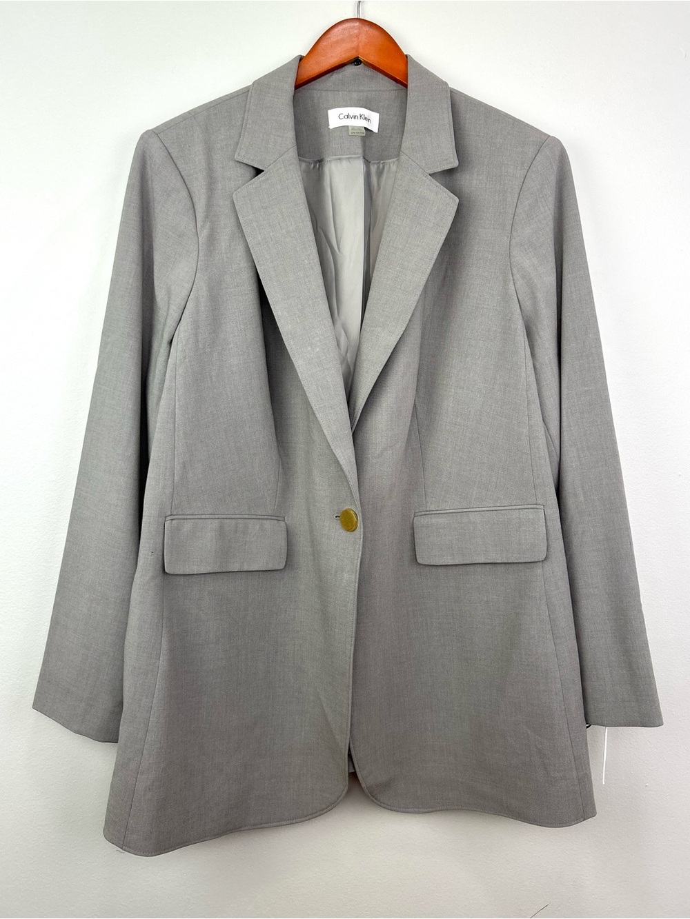 Calvin Klein Light Gray Single-Button Notch Lapel longline jacket Blazer 22W NEW